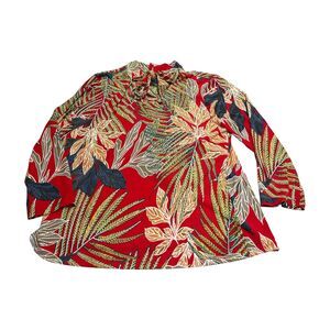 Red Tropical Print Blouse with Ruffle Neck